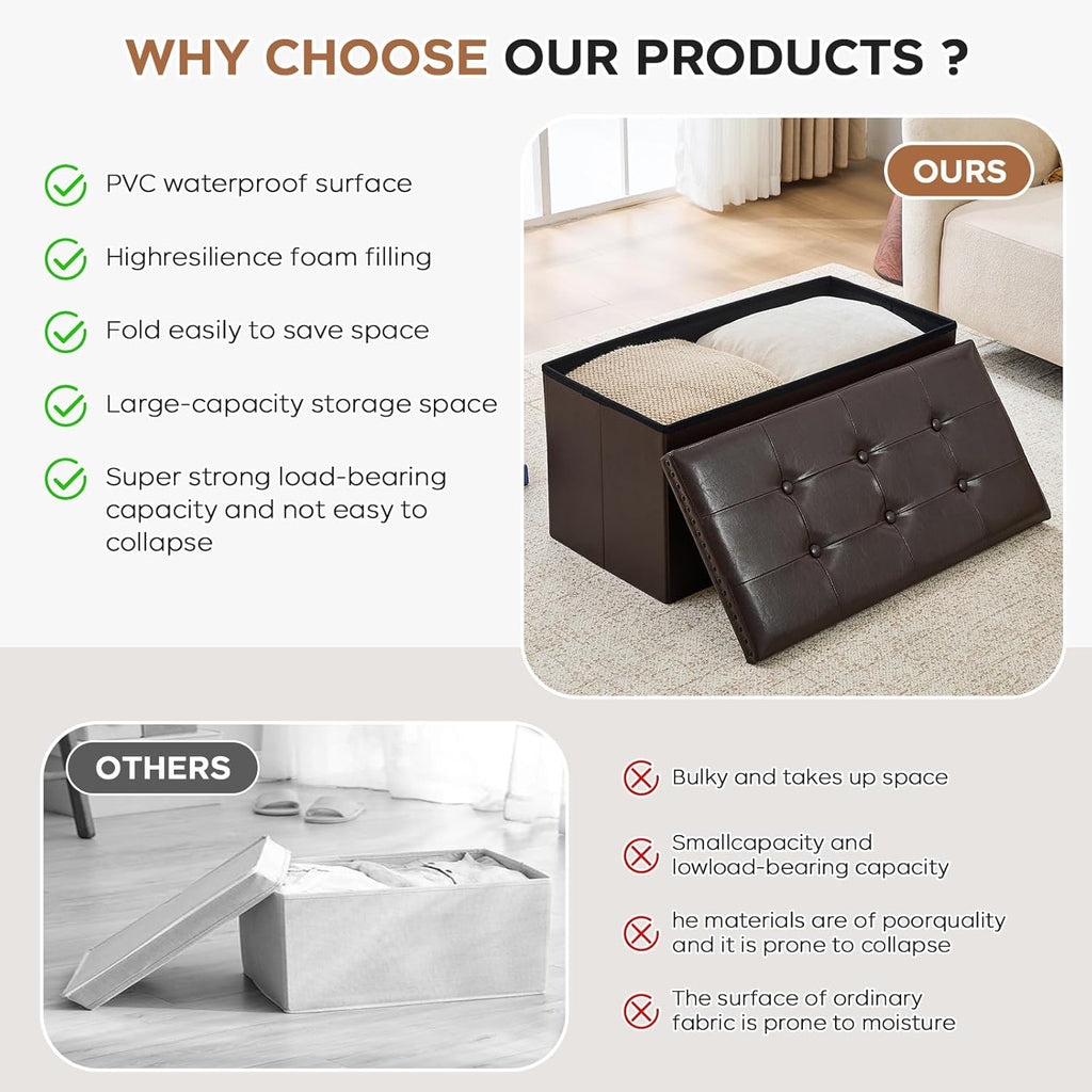 oakvivo 30 Inches Folding Storage Ottoman Bench, Ottoman PU Leather Tuffed End of Bed Bench, Foot Rest with Rivet Design, Ottoman with Storage for Living Room, Bedroom, Entryway, Coffee Brown