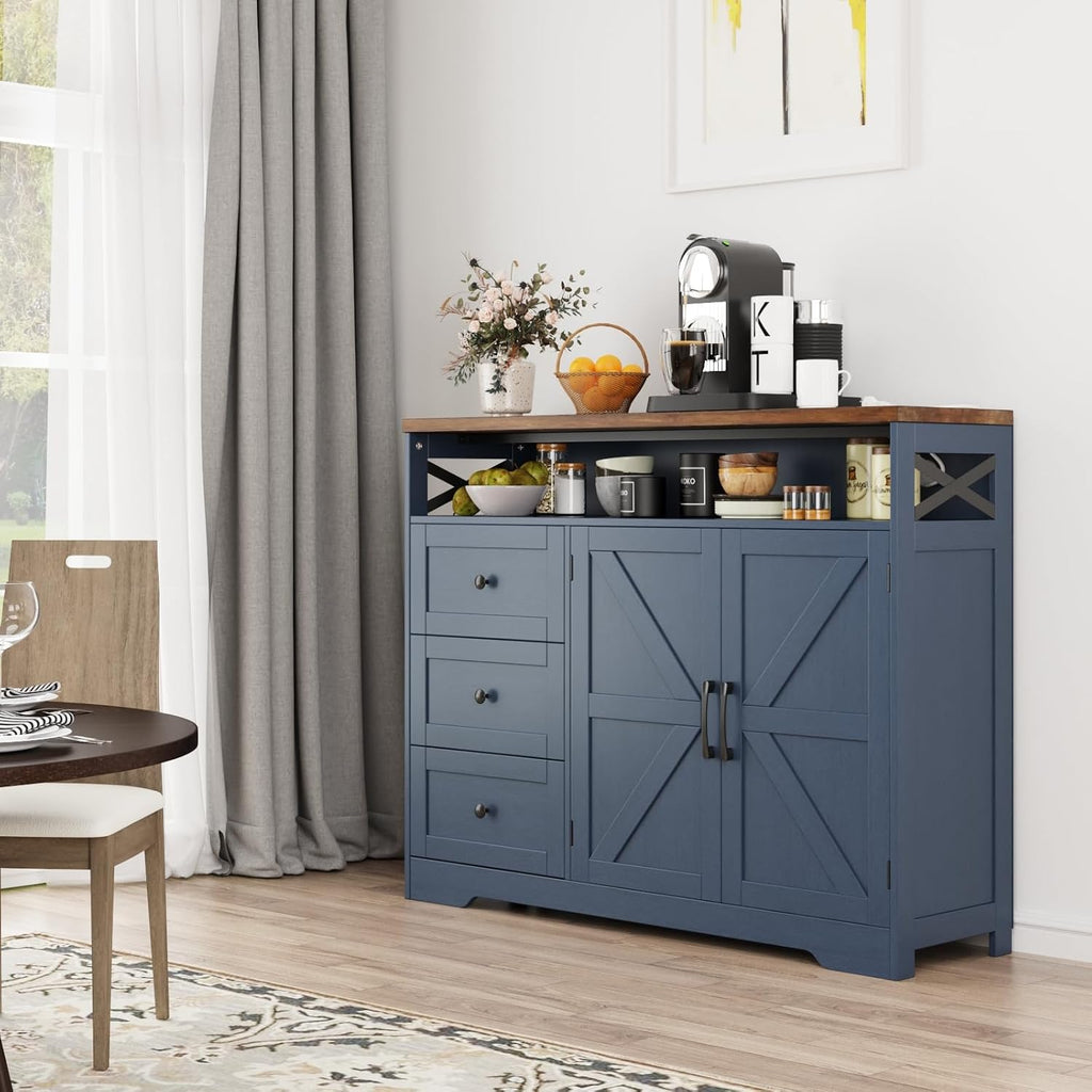 Befrases Farmhouse Buffet Cabinet with Drawers & Open Shelf, Sideboard with Storage, Kitchen Pantry Cabinet Hutch, Coffee Bar Station for Kitchen, Livingroom, 47" L Blue