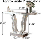 43.3'' Mirrored Console Table Silver Mirrored Entryway Sofa Table for Living Room Office, Curved Design Crystal Accent, Modern Entryway Console Desk for Hallway Entrance, 43''x12'' Glass Top