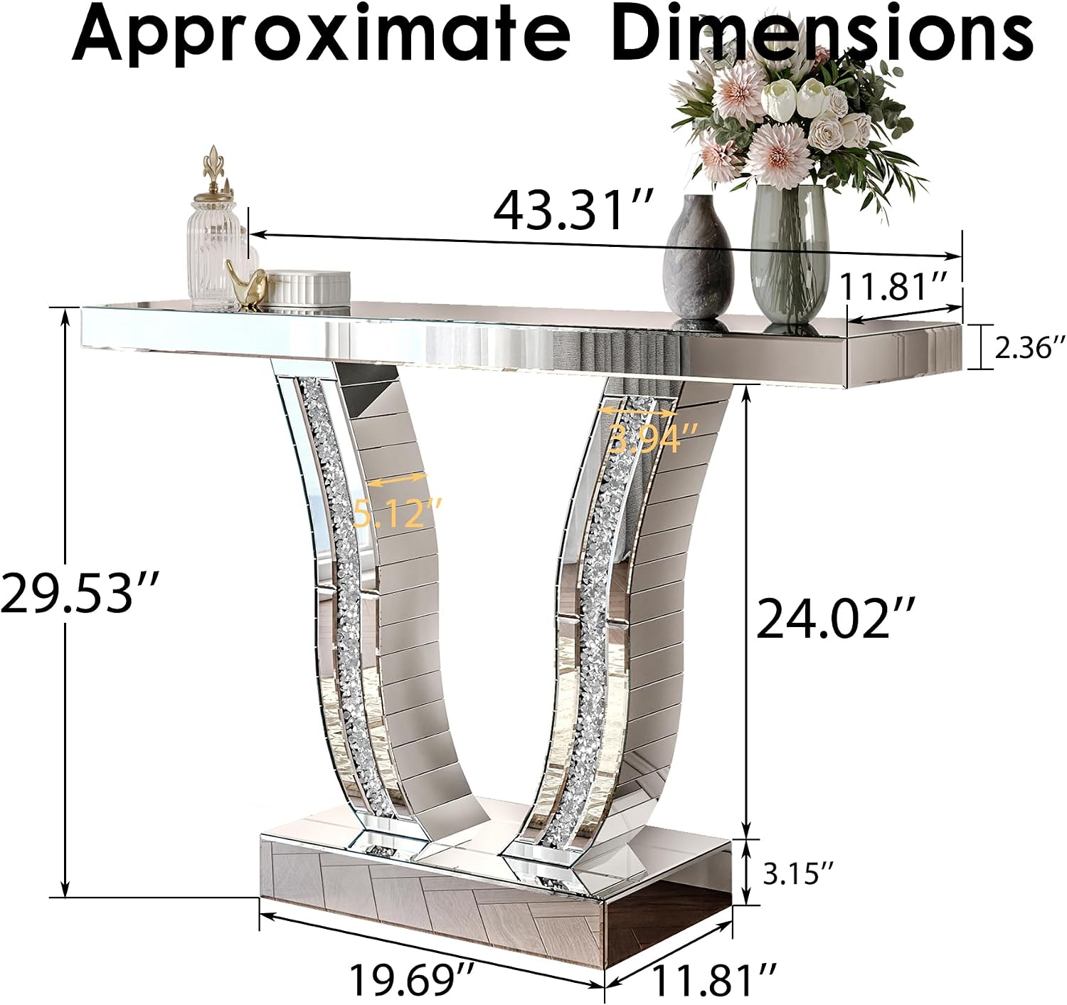 43.3'' Mirrored Console Table Silver Mirrored Entryway Sofa Table for Living Room Office, Curved Design Crystal Accent, Modern Entryway Console Desk for Hallway Entrance, 43''x12'' Glass Top
