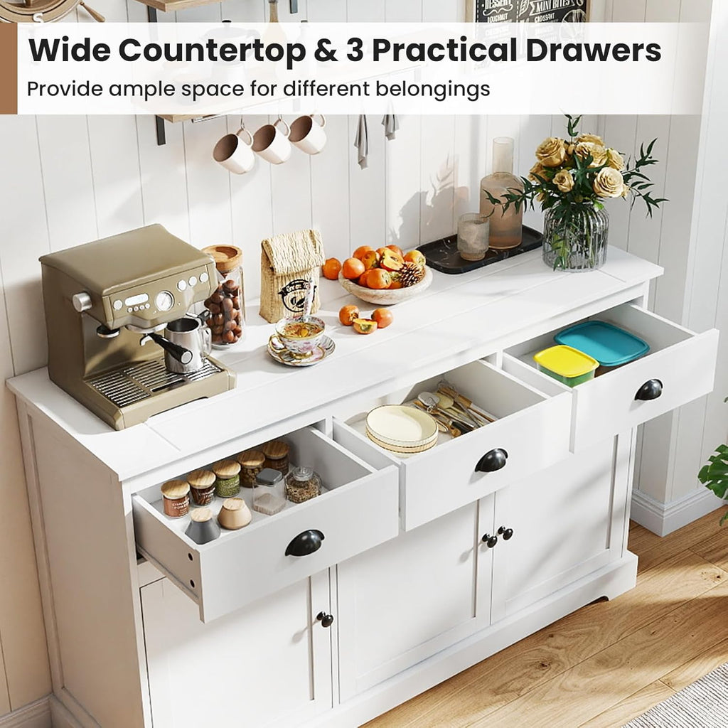 COSTWAY Sideboard Buffet Cabinet with Storage, Modern Coffee Bar Station with Drawers, Doors and Adjustable Shelves, Wooden Kitchen Storage Cabinet for Room (White)
