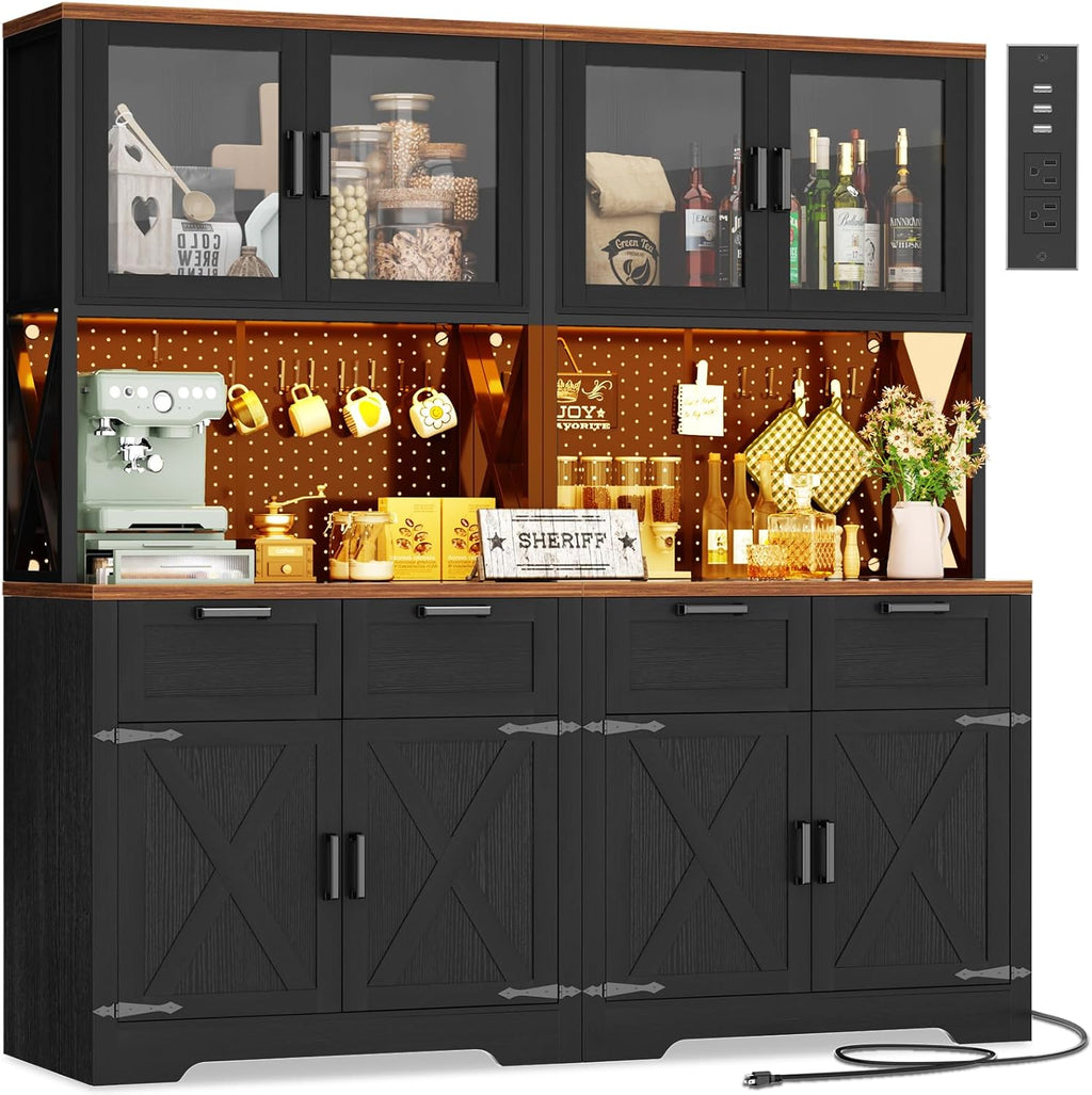 Unikito 71" Kitchen Pantry Cabinet with LED Light & Outlet, Microwave Stand | Black & Rustic, 63" Wide, DIY Pegboard Panel, Storage Drawers, Adjustable Shelves, Kitchen Buffet Hutch for Dining Room
