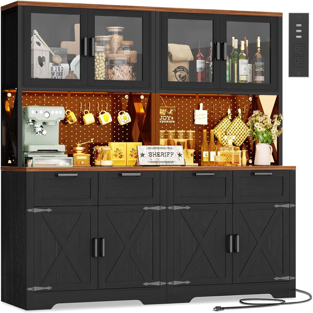 Unikito 71" Kitchen Pantry Cabinet with LED Light & Outlet, Microwave Stand | Black & Rustic, 63" Wide, DIY Pegboard Panel, Storage Drawers, Adjustable Shelves, Kitchen Buffet Hutch for Dining Room