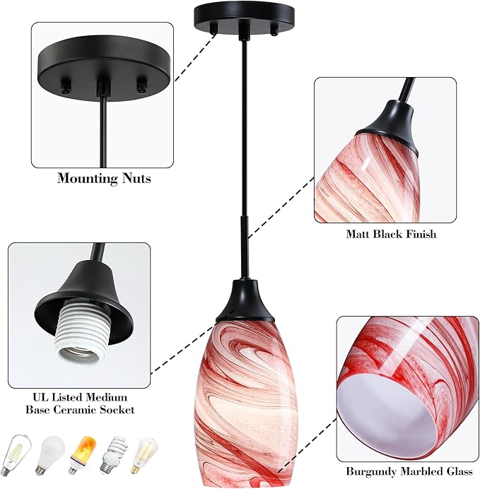 Mini Glass Pendant Light 4.72" with Handblown Burgundy Marble Art Glass Hanging Light 3-Pack Oval Ceiling Hanging Light Fixture for Dining Room Kitchen Island Cafe Foyer Hallway