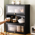 3 Tier Kitchen Pantry Storage Cabinet with with 2 Sliding Striped Glass Doors Console Dining Cupboard Modern Freestanding Bamboo Sideboard for Dining Room Kitchen Black (20.5x9.8x27.5inch)
