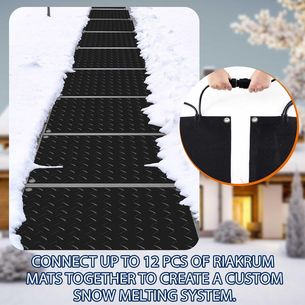 Riakrum 4 Pcs Heated Snow Melting Mats Outdoor, 10 x 15 in Winter Anti-Slip Heated Rubber Mat for Walkways Decks and Sidewalks, Snow and Ice Melting Pads Connection with 9.84 ft Power Cord