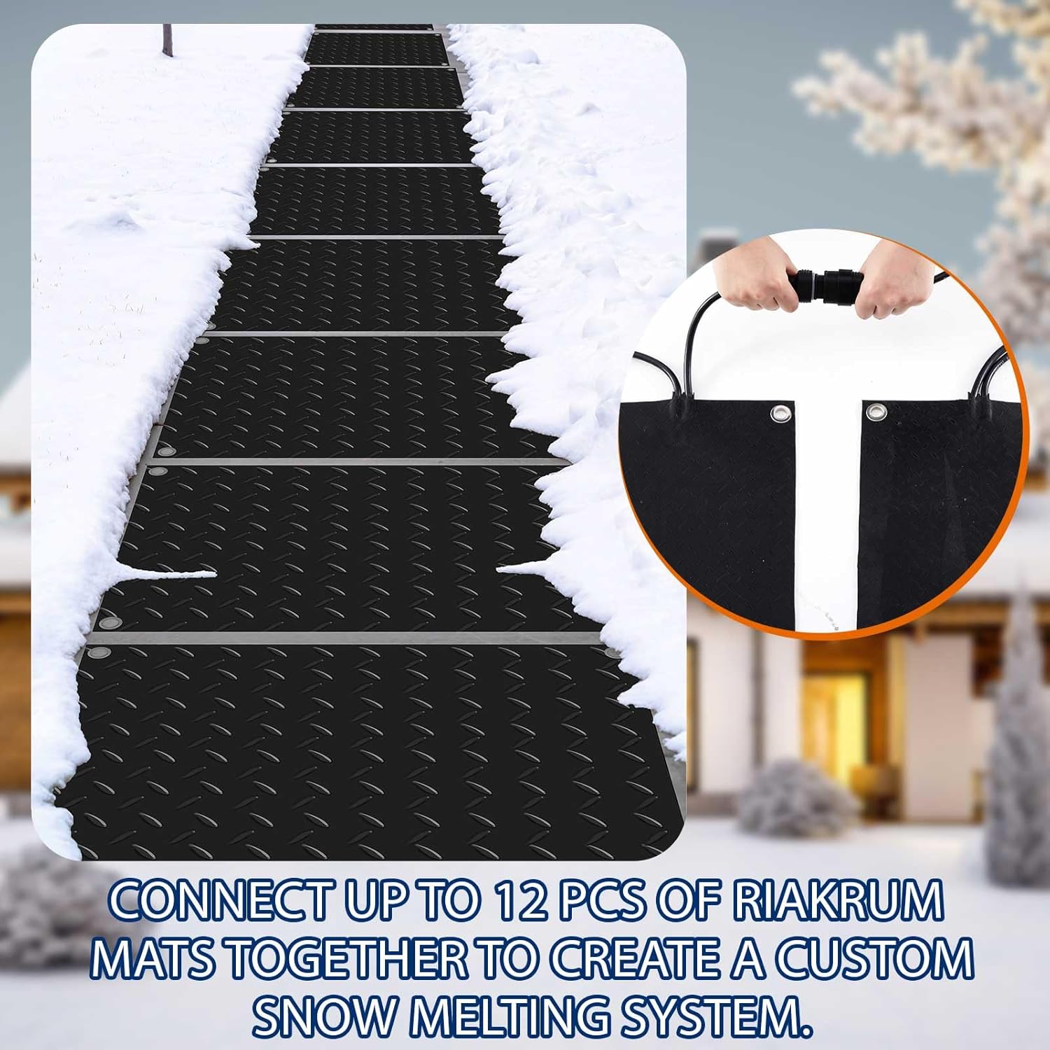Riakrum 4 Pcs Heated Snow Melting Mats Outdoor, 10 x 15 in Winter Anti-Slip Heated Rubber Mat for Walkways Decks and Sidewalks, Snow and Ice Melting Pads Connection with 9.84 ft Power Cord