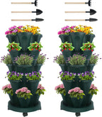Vertical Planter 5 Tier Stackable Planters Garden Planters Strawberry Herb Flower and Vegetable Planter Indoor Outdoor Gardening Pots with Removable Wheels and Tools 2-Pack