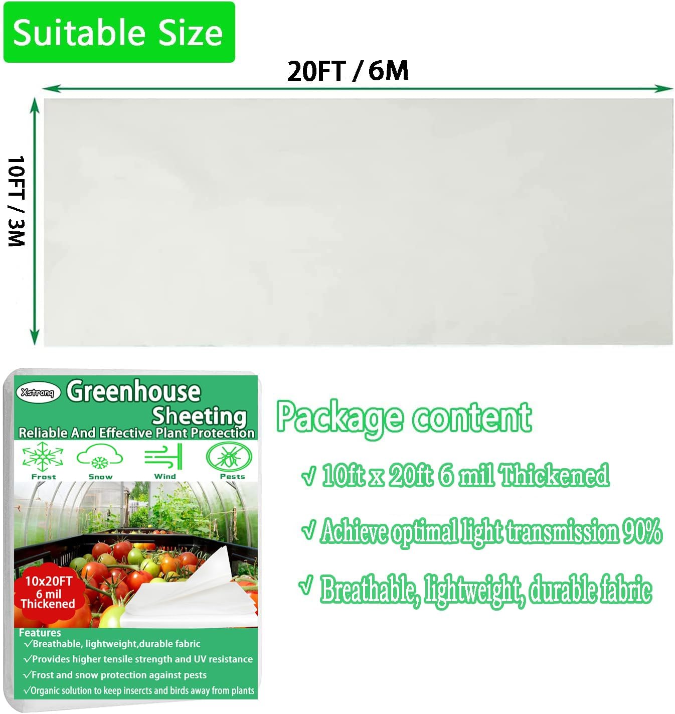 10FTx20FT Greenhouse Plastic Sheeting, 6 Mil Thick Clear Polyethylene Film, Waterproof Wind Frost Dust UV Resistant Green House Plastic Covering for Outdoor Plant, Garden, (10ft x 20ft)