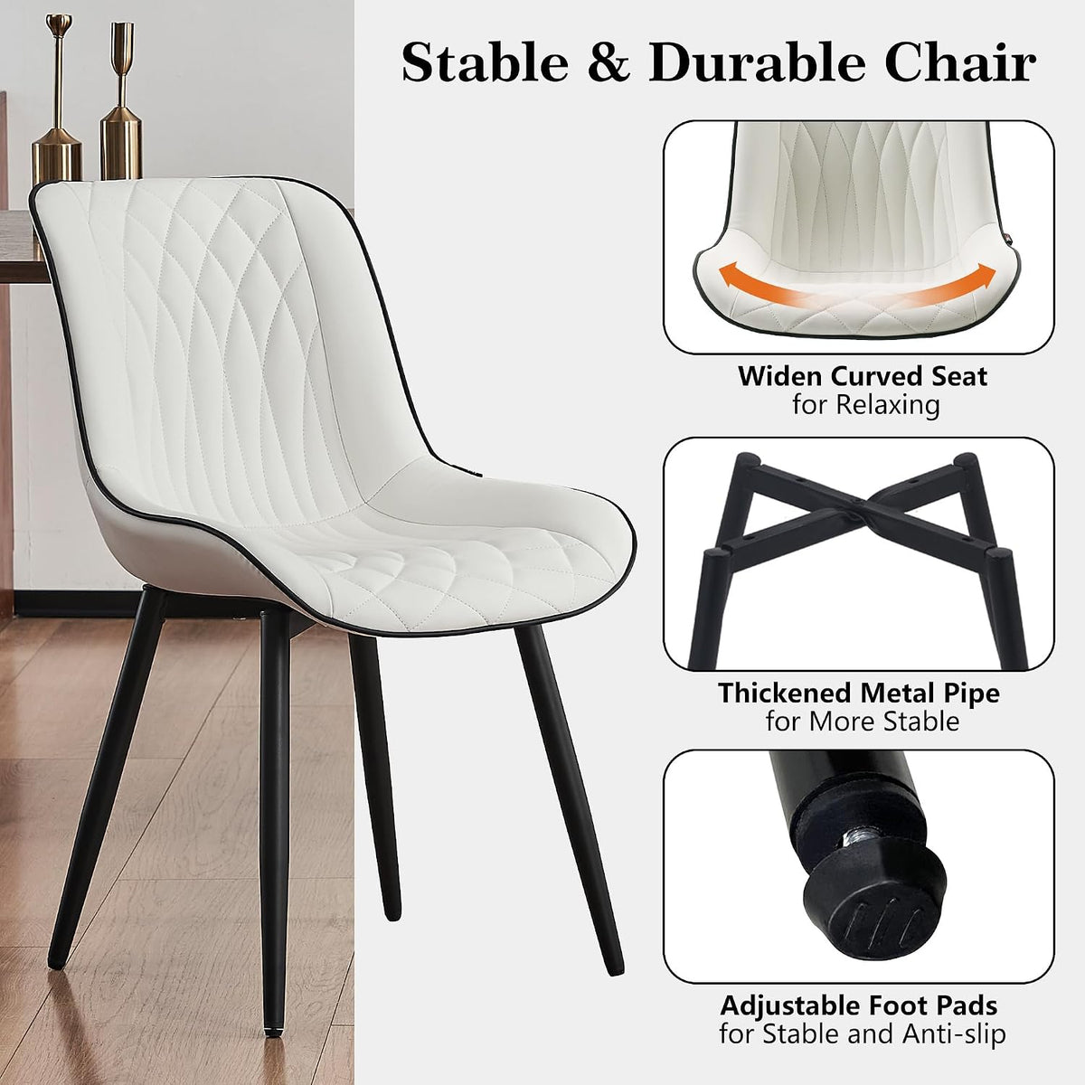 Rowill Dining Chairs Set of 2 Modern Faux Leather Kitchen Chairs with Thickened Metal Frame, Scratch-Resistant Upholstery,Widened Seat & Adjustable Anti-Slip Pads, Cushioned Backrest for Kitchen,White