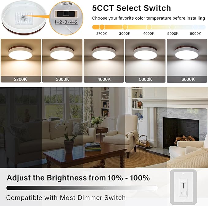 LED Dimmable Flush Mount Ceiling Light Fixture, White and Wood, 5CCT in One, Minimalist Round Ceiling Lamp, Modern Lighting for Kitchen, Bedroom, Hallway, Living Room, 15.7 Inch
