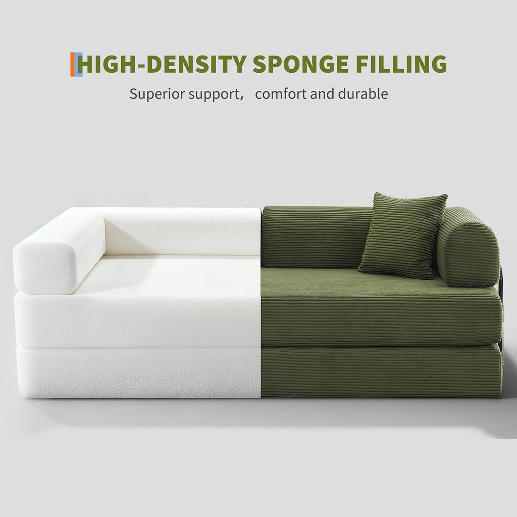 GarveeHome 79" Convertible Sleeper Sofa Bed Couch, 4-in-1 Corduroy Folding Sofa Bed with Pillow & Fixed-Shape, Floor Mattress Couch Loveseat for Living Room Apartments - No Assembly, Green