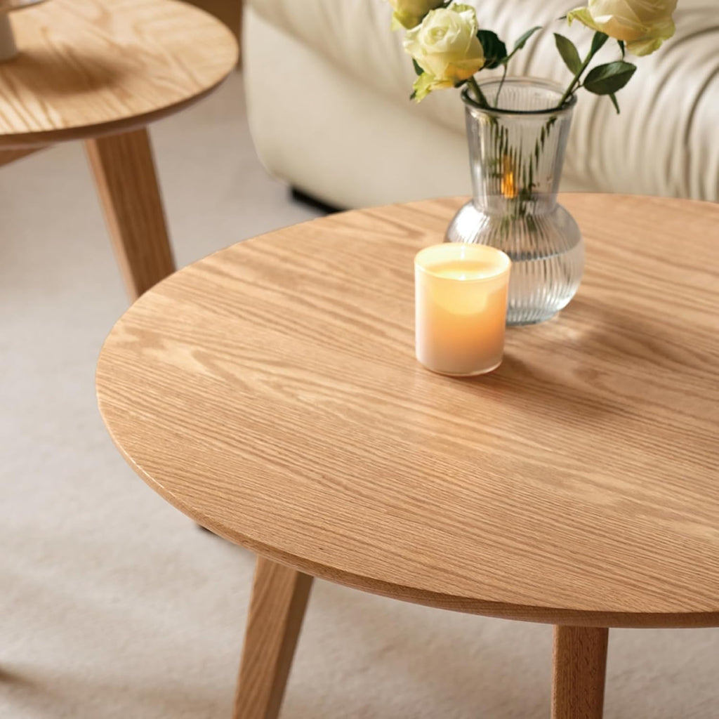 100% Solid Oak Wood Mini Coffee Table, Round Cofffe Tables Side Table w/Solid Wood Legs, Walnut Mid Century Table for Bedroom Balcony Living Room (23.62" D x 13.78" H)