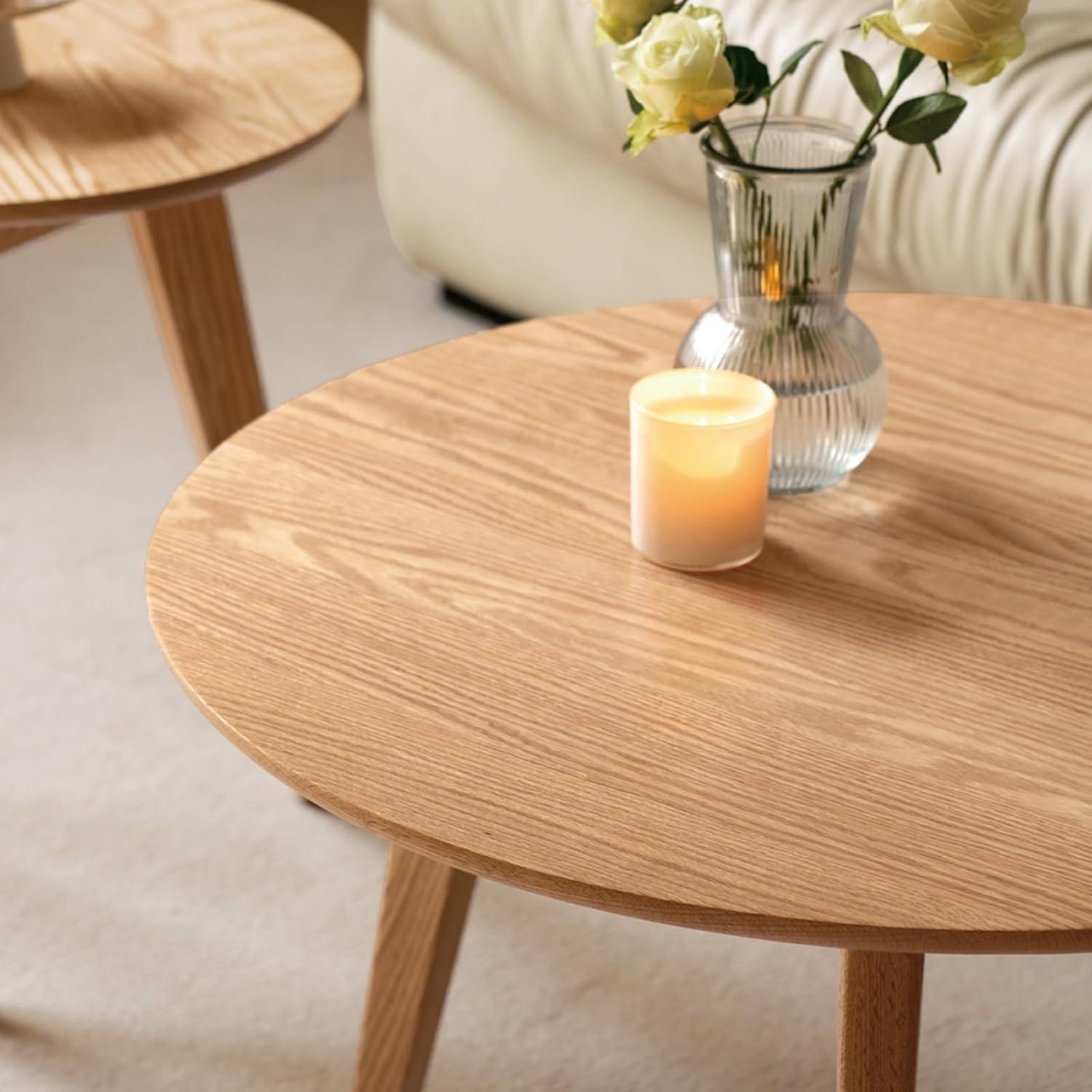 100% Solid Oak Wood Mini Coffee Table, Round Cofffe Tables Side Table w/Solid Wood Legs, Walnut Mid Century Table for Bedroom Balcony Living Room (23.62" D x 13.78" H)