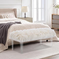 Modern White Faux Fur Ottoman Bench - Upholstered Furry Bench with Acrylic Legs for Bedroom, Living Room, Entryway, Vanity or Bed End