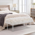 Modern White Faux Fur Ottoman Bench - Upholstered Furry Bench with Acrylic Legs for Bedroom, Living Room, Entryway, Vanity or Bed End