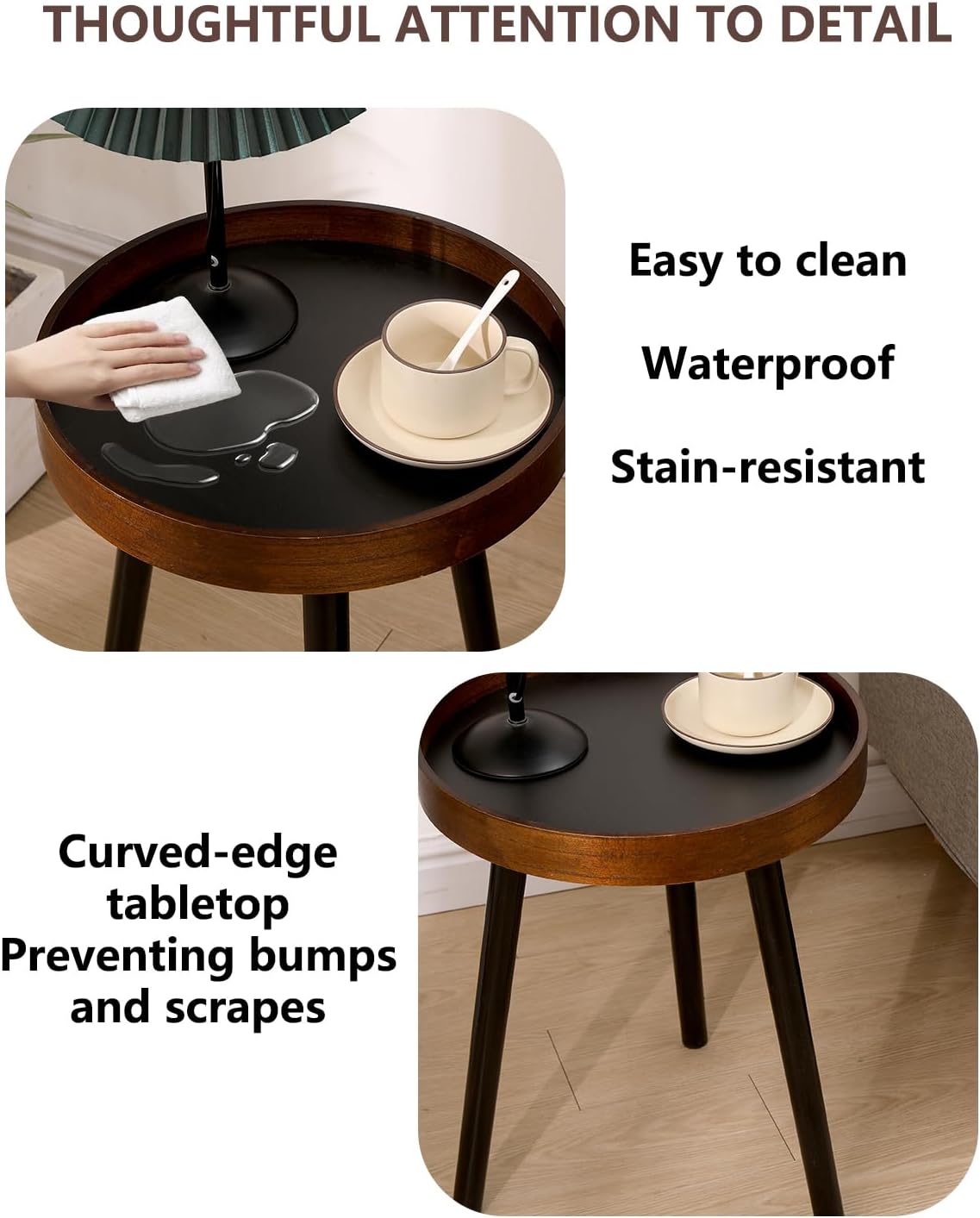 Small Round Side Table, Solid Wood End Table with 3 Metal Legs, Modern Accent Table Circle Coffee Table for Living Room Bedroom Office and Small Spaces, 15.7 * 15.7 * 18 inch