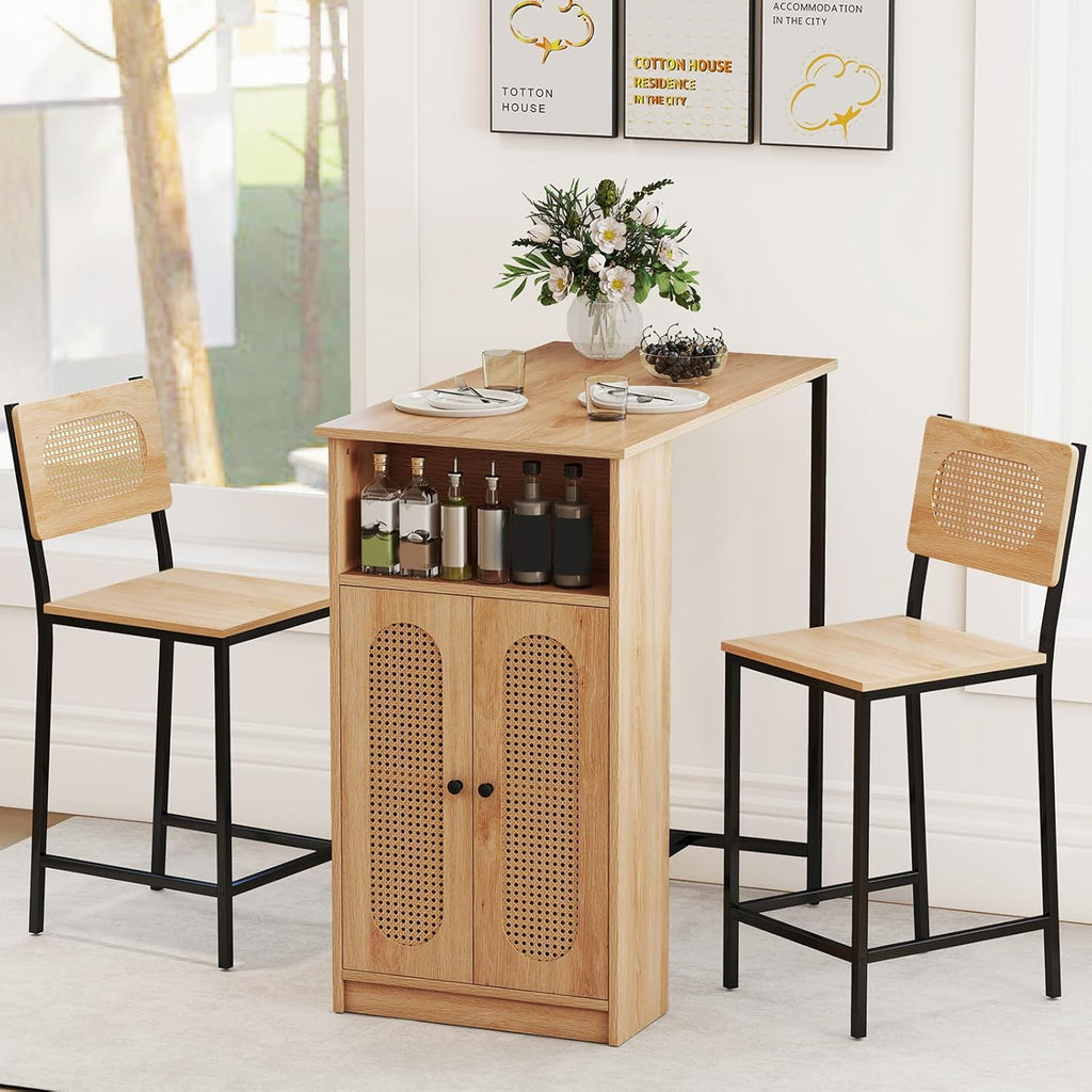 Tangkula 3-Piece Counter Height Bar Table Set, Kitchen Table with 2 Bar Stools & Storage Shelves, Breakfast Table Set with Backrests & Footrests, Rectangular High Top Pub Table with Chairs for 2