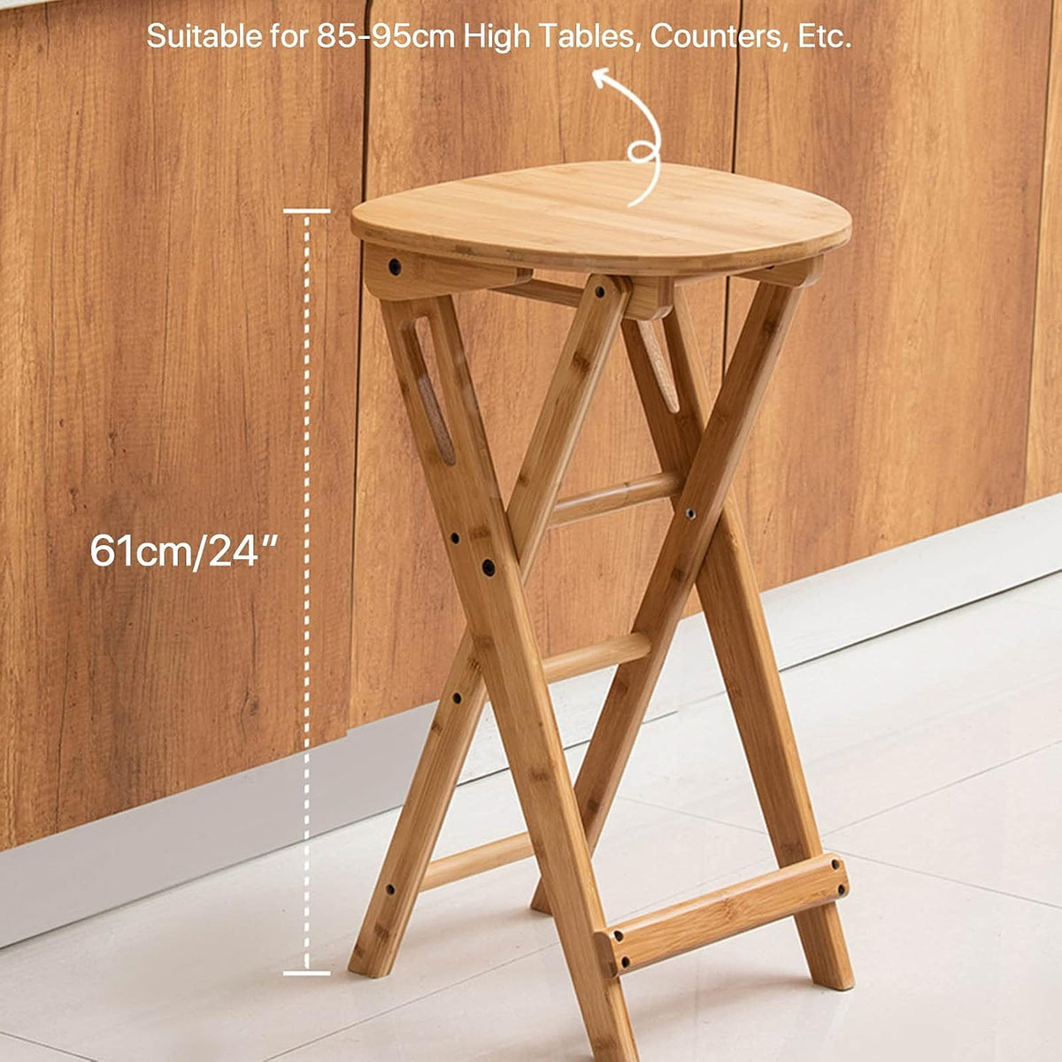 Foldable Stool 24inch Folding Bar Stool Wood Kitchen Stool Without Backrest for Kitchen Island Counter Height Folding Chairs Saves Space Breakfast Bar Stools with Footrest Garden Dining Chairs