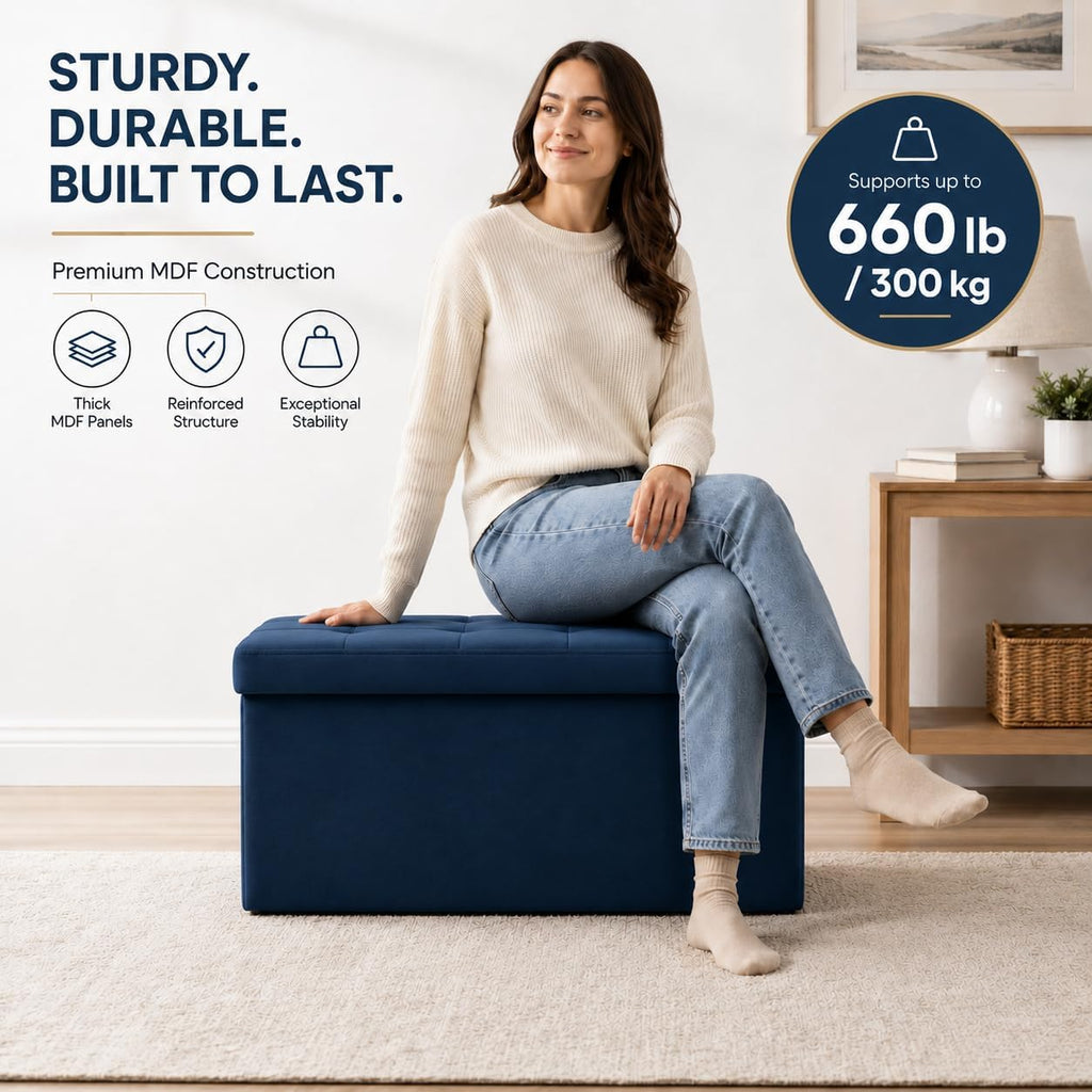 ALASDO 30 Inch Folding Storage Ottoman Bench with Hidden Storage, Velvet Storage Ottoman Foot Rest Stool, End of Bed Bench for Bedroom, Living Room, Entryway and Closet, Navy Blue