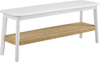 Alaterre Furniture Calais 48 Inch Solid Wood Entryway Bench with Woven Storage Shelf – Mid Century Modern 2-Tier Shoe Bench for Living Room, Hallway or Foyer (White)