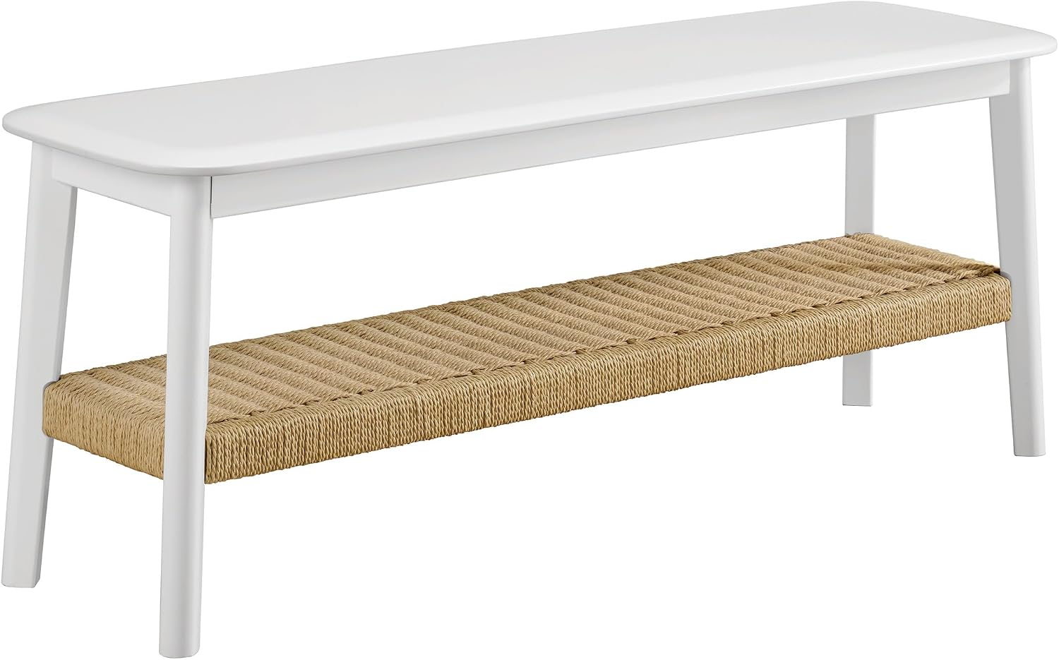 Alaterre Furniture Calais 48 Inch Solid Wood Entryway Bench with Woven Storage Shelf – Mid Century Modern 2-Tier Shoe Bench for Living Room, Hallway or Foyer (White)