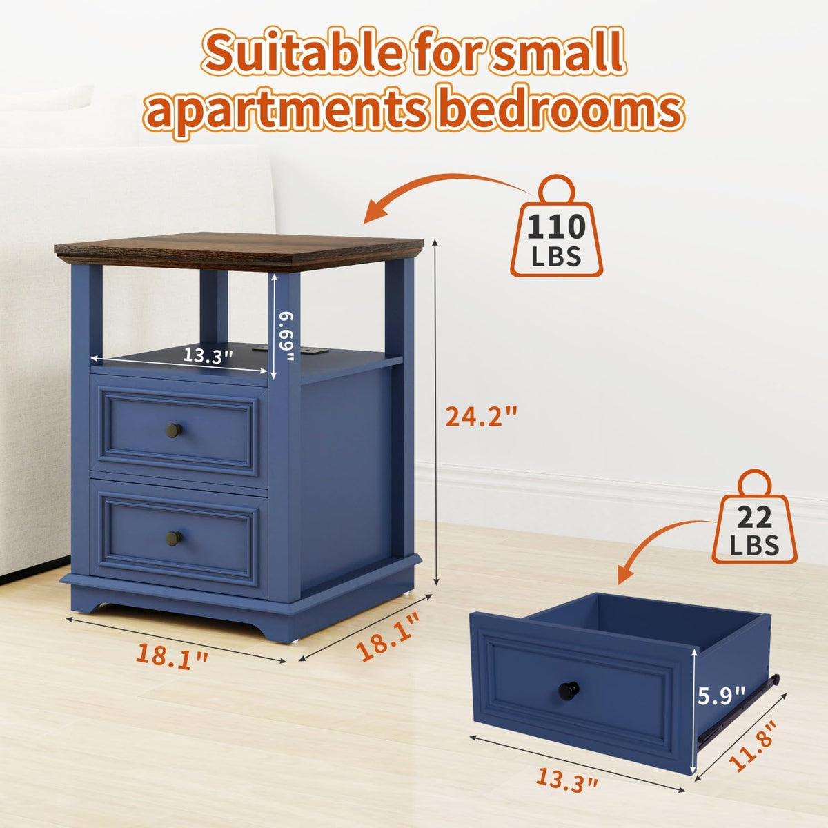 MUUEGM 18" End Tables for Living Room Farmhouse Night Stand with Charging Station Navy Blue Side Tables for Bedroom with 2 Drawers Bedside Table Rustic Wood