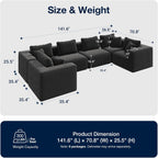 Avenco 141” 6-Seat Modular Sectional Sofa Couch, Individually Wrapped Coil Support & Corduroy Fabric, Zero Assembly 6-Piece Set for Large Living Room, Black