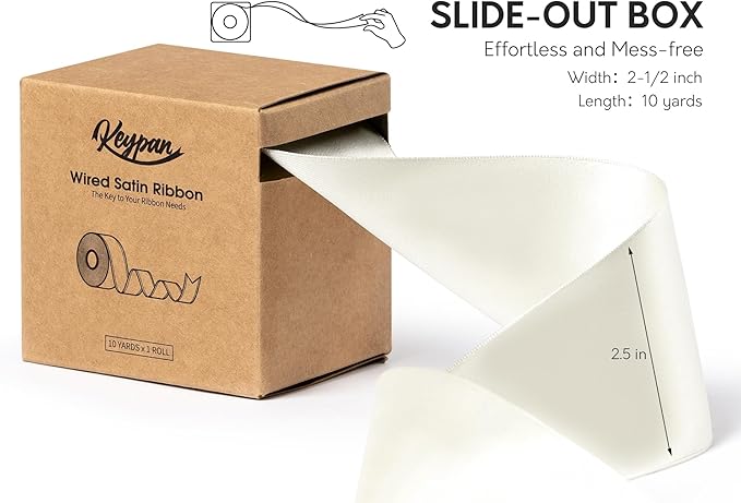 Ivory Satin Ribbon Double-Faced Wired Ribbons for Gift Wrapping Flower Bouquet Bows Wedding Invitation Christmas Decor Crafts 2-1/2 Inch 10 Yards