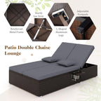 Tangkula Outdoor Rattan Daybed with 6-Level Adjustable Backrests, 2-Person Adjustable Wicker Recliner Bed with Cushions & Folding Side Trays, Double Sunbed Lounger for Balcony, Backyard & Poolside