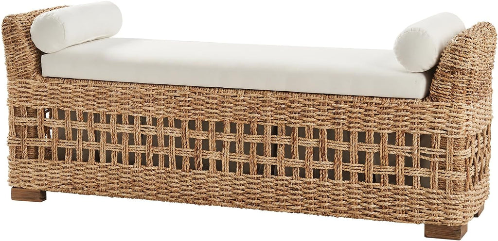 HULALA HOME 56" Rattan Storage Bench, Boho Wicker End of Bed Bench, Natural | Water Hyacinth Frame, Hollow-Carved Design, Armrests and Round Pillows, for Bedroom Entryway Living Room