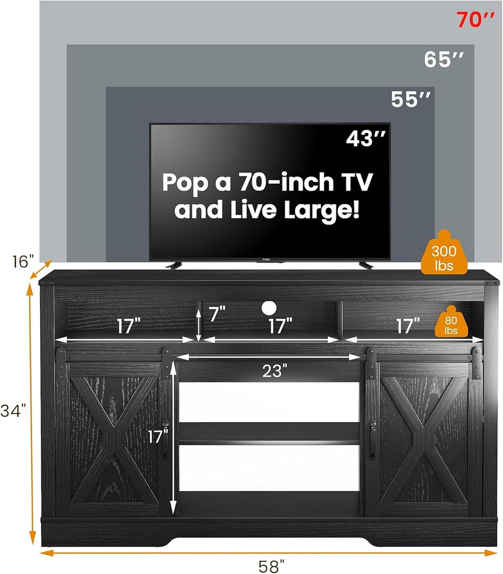 RoyalCraft Farmhouse TV Stand for 23" Fireplace, 34'' Tall Entertainment Center for 65+ Inch TV, 34" Tall Rustic TV Console with Sliding Bar Door for Living Room Black