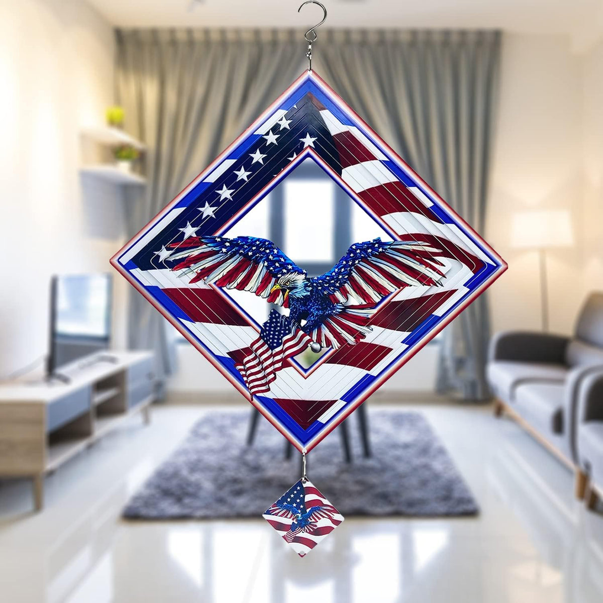 Eagle Wind Spinners for Yard and Garden,Wind Spinner Hanging,3D Metal Wind Catchers,12in American Flag Kinetic Spinner,Fourth of July Independence Day Party Decorations for Indoor Outdoor(Rhombus)