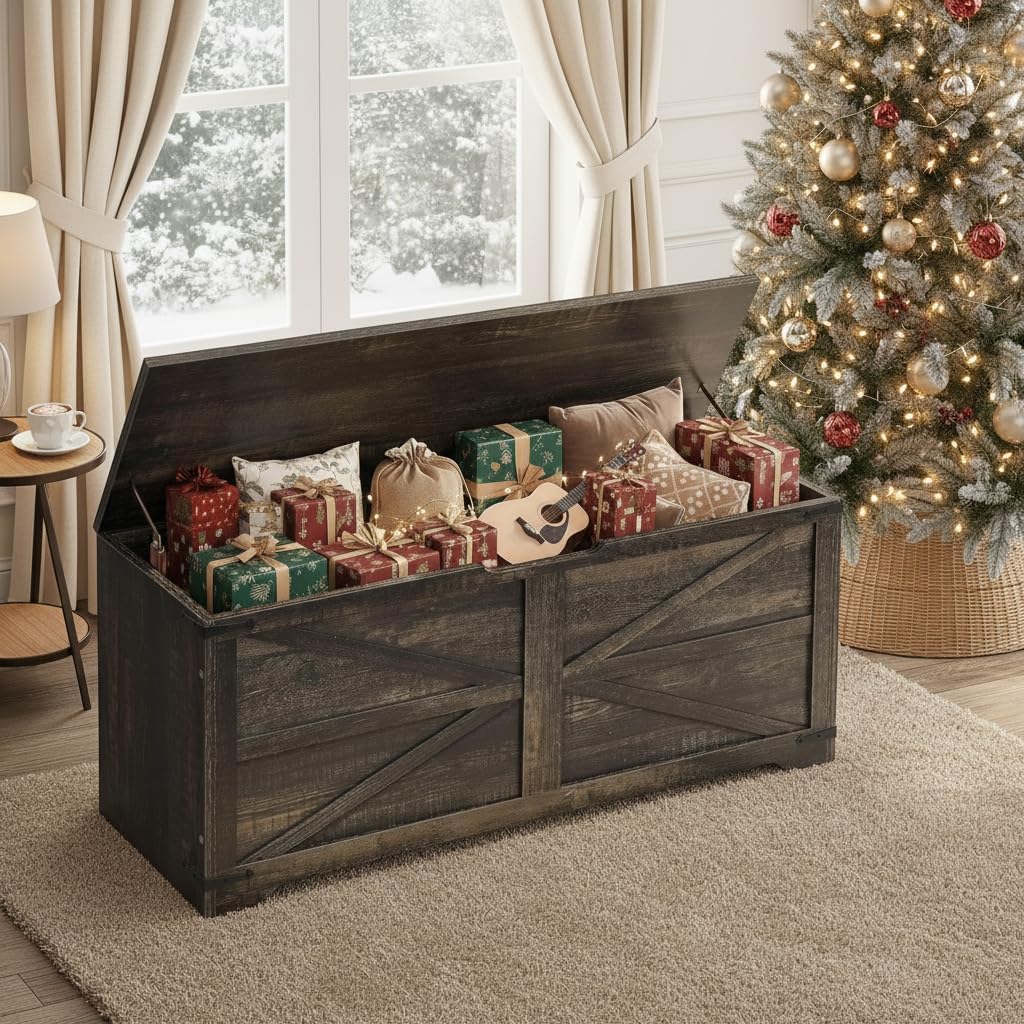 DWVO Wooden Storage Bench, Farmhouse Storage Chest with Safety Hinges, Entryway Shoe Organizer, Multi-Use Storage for Living Room/Bedroom, 39.4" L, Dark Rustic Oak