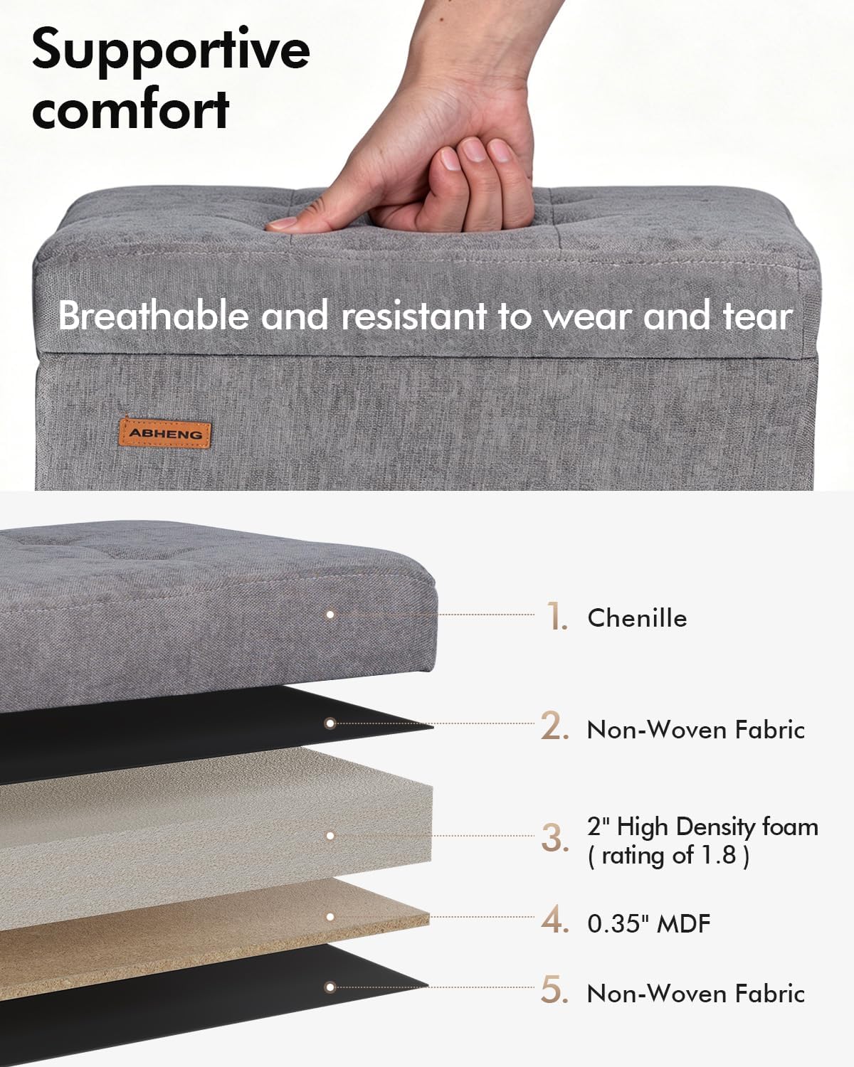 ABHENG Steel Frame Small Ottoman with Storage Footrest Gray UASND70G | 12.2" D x 16.1" W x 17.7" H, Hold 660 lbs, 48L Storage Capacity, Breathable Chenille, Removable Lid, for Dorm Living Room