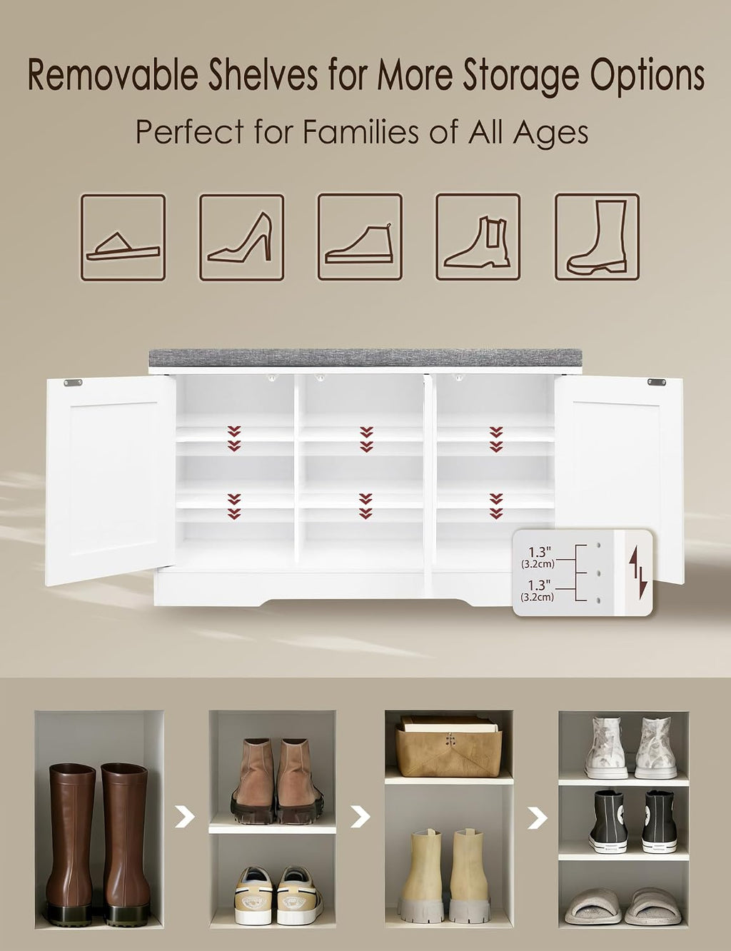 DINZI LVJ Shoe Bench, Entryway Storage Bench with Doors, Cushion, 3-Tier Shoe Rack with 9-Cubby, 39.4" L x 13.8" W Shoe Organizer Cabinet, Fully Adjustable Shelves, Living Room, Bedroom, White