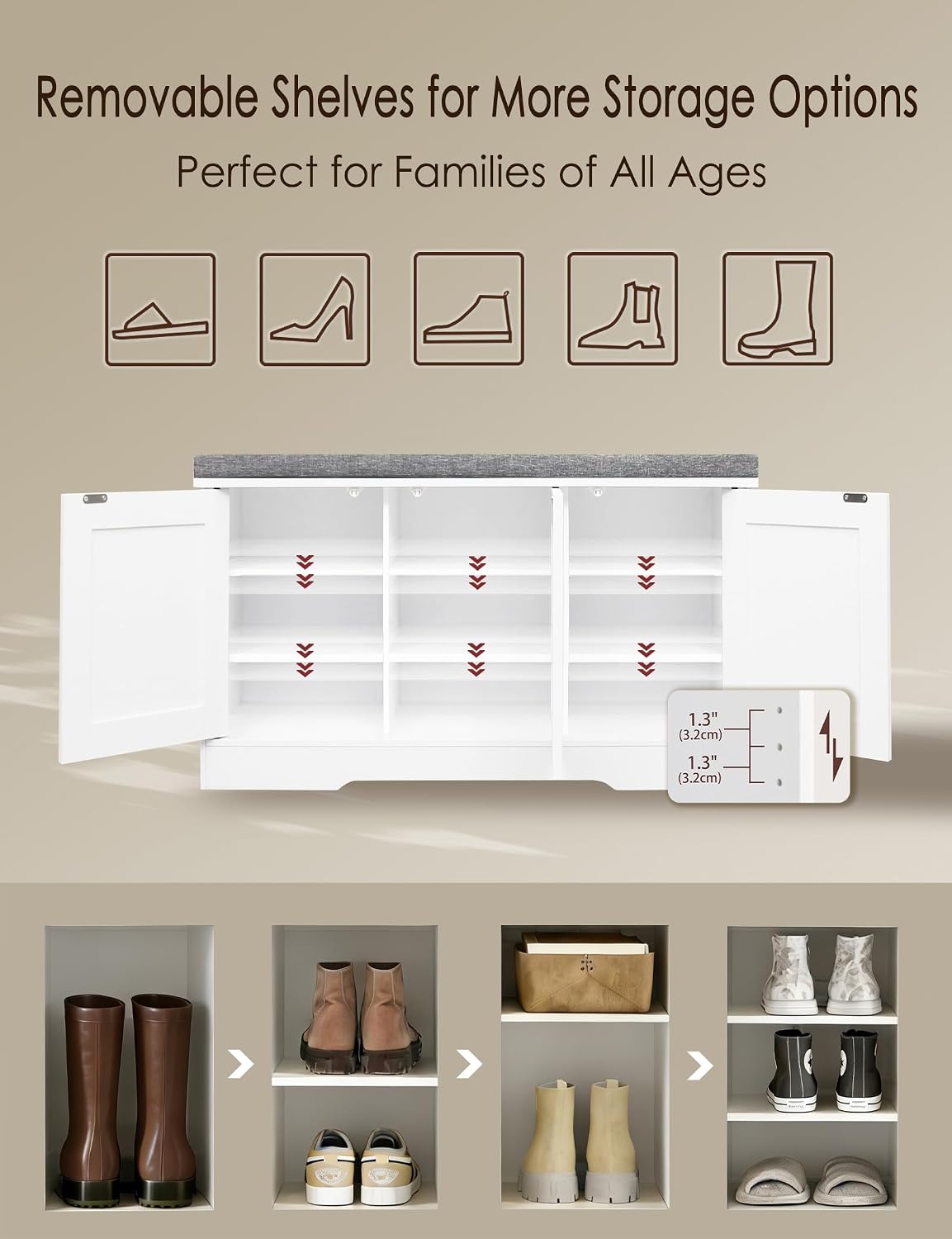 DINZI LVJ Shoe Bench, Entryway Storage Bench with Doors, Cushion, 3-Tier Shoe Rack with 9-Cubby, 39.4" L x 13.8" W Shoe Organizer Cabinet, Fully Adjustable Shelves, Living Room, Bedroom, White