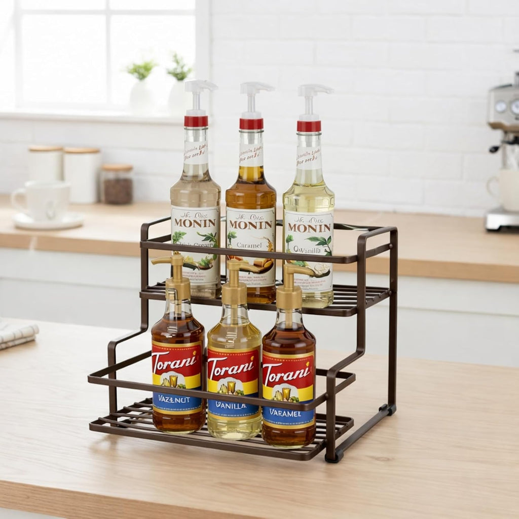 Coffee Syrup Organizer, 2-Tier Metal Syrup Rack, Liquor Bottle Display Shelf, Coffee Bar Accessories Decor, Kitchen Countertop Organizer for Syrups, Wine, Spice