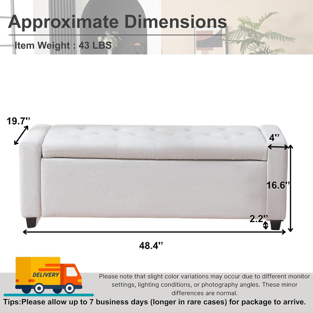 Storage Bench for Bedroom, 48.4'' End of Bed Beige Ottoman Lined Fabric Upholstered Shoe Bench for Entryway, Hallway, Bedroom, Cloakroom, Living Room, Beige.