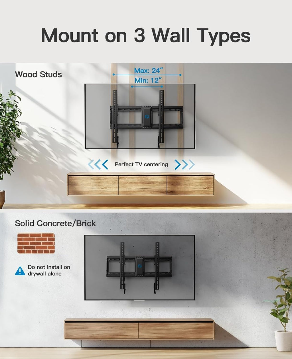 Pipishell Tilt TV Wall Mount for 37–82 inch TVs up to 132 lbs | tilting tv mount, fits 12″-24″ wood studs, 1.5″ low profile, 8° tilt, quick lock & release pull cord, max VESA 600x400mm