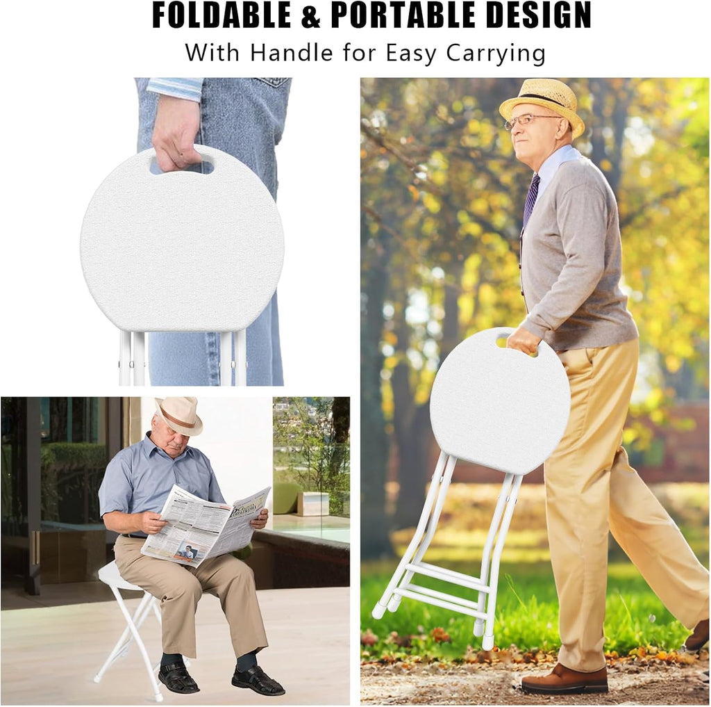 Folding Stool, 18 Inch Foldable Stool with Handle & Steel Frame, Pack of 8 Folding Bar Stools, 440lbs Sturdy Foldable Lightweight Metal Chair for Camping, Indoor and Outdoor, White