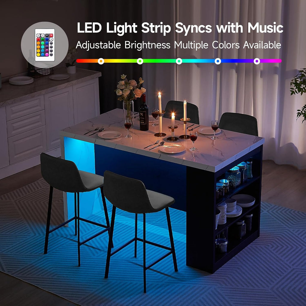 ONBRILL 61 x 31 Inch Whole Board of Tabletop Kitchen Island Table with Storage Space, Power Outlet & LED Lights, Modern Imitation Marble Large Counter Height Dining Table for 4 (Black)