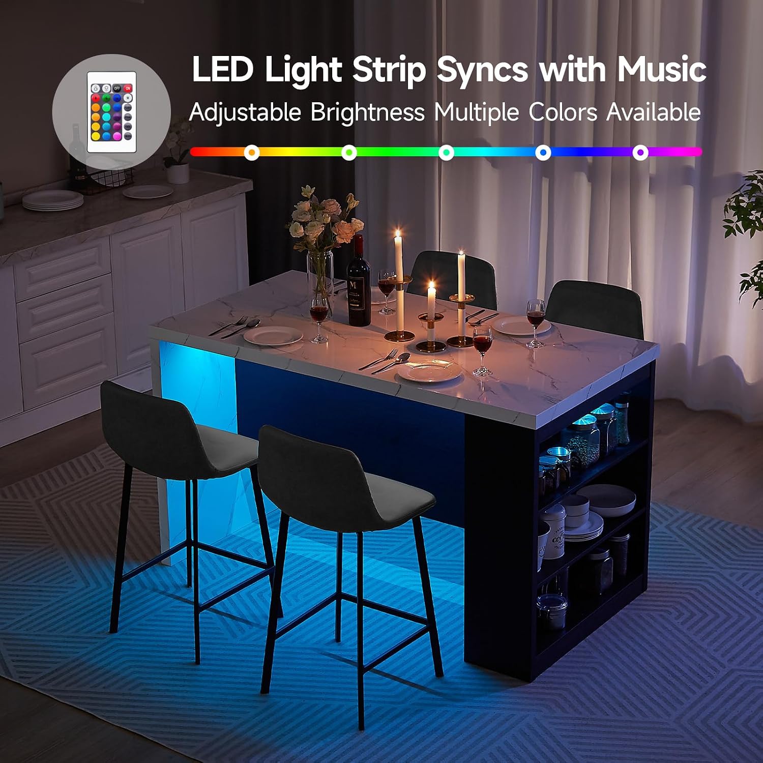 ONBRILL 61 x 31 Inch Whole Board of Tabletop Kitchen Island Table with Storage Space, Power Outlet & LED Lights, Modern Imitation Marble Large Counter Height Dining Table for 4 (Black)