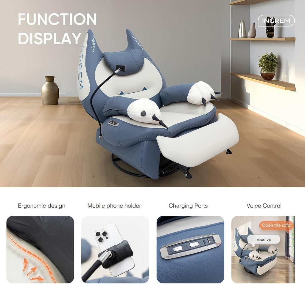 INGREM Smart Recliner with Adjustable Settings, Voice-Activated Home Theater Gaming Seat Rocker, Electric Lounge Chair Featuring USB Port ，Phone Holder and Cat Claw Armrest (Leather Blue)