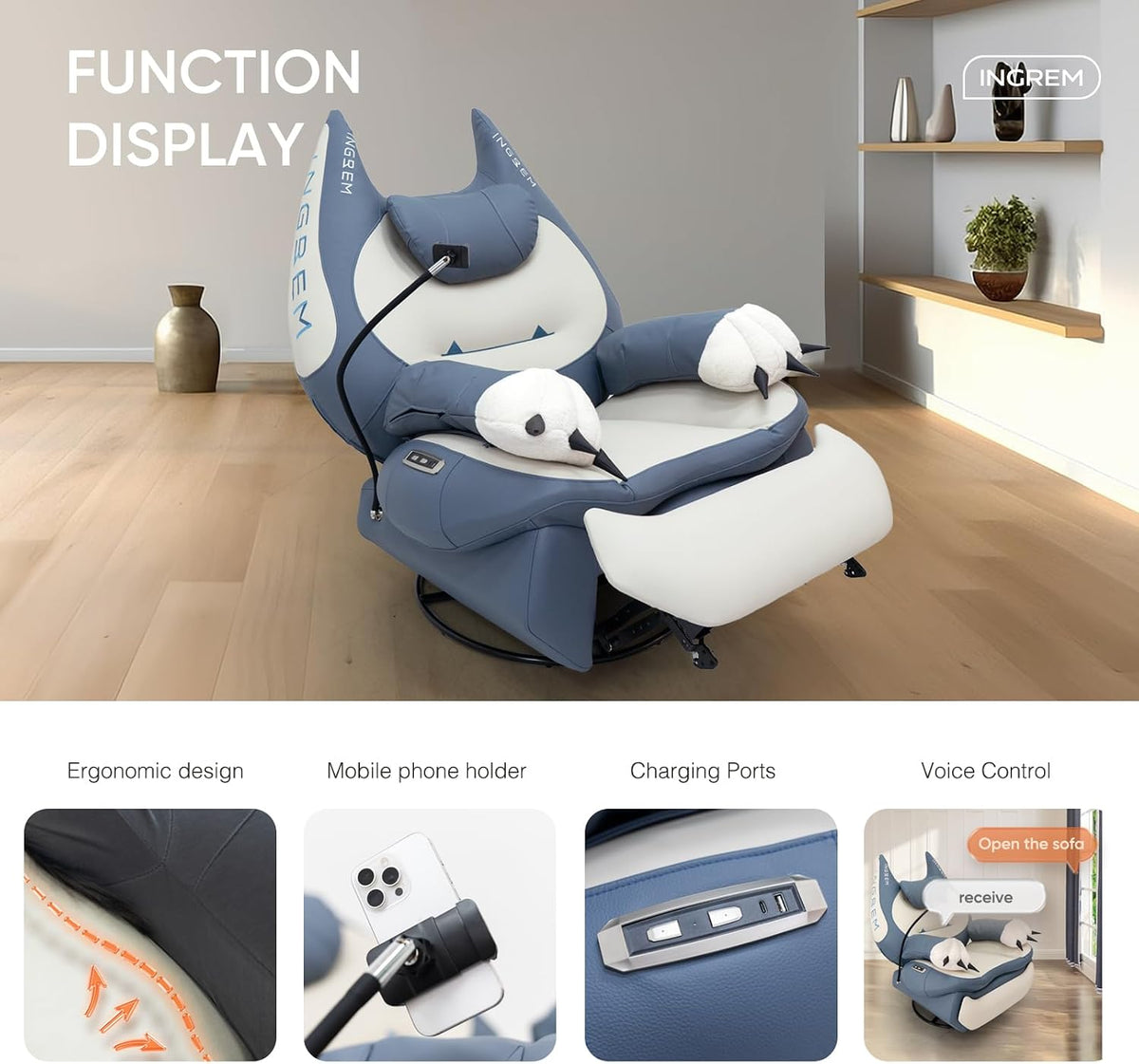 INGREM Smart Recliner with Adjustable Settings, Voice-Activated Home Theater Gaming Seat Rocker, Electric Lounge Chair Featuring USB Port ，Phone Holder and Cat Claw Armrest (Leather Blue)