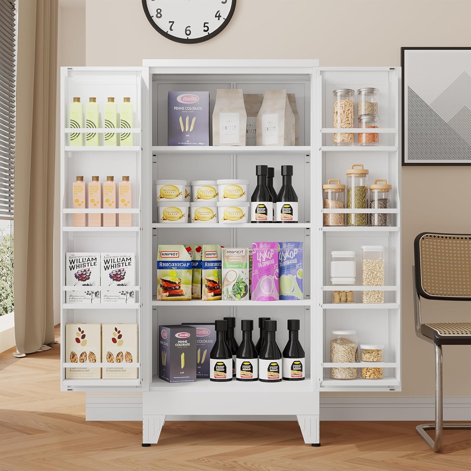 48" H Metal Kitchen Pantry Storage Cabinet, Freestanding Cupboard Storage Cabinet with Doors and Adjustable Shelves, Large Stand Up Food Cupboard for Living Room, Dinning Room, White