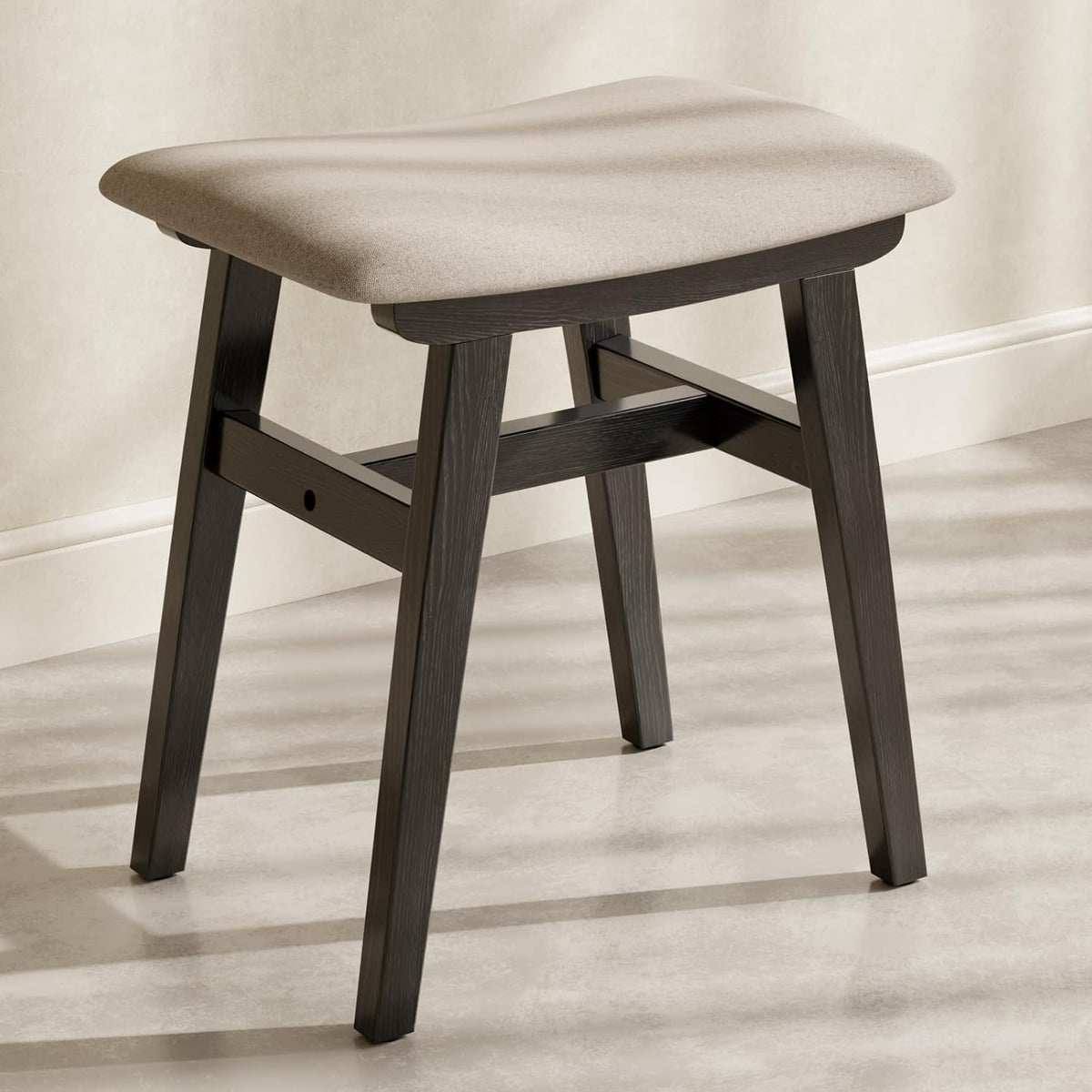 Muwuele Solid Wood Vanity Stool, Compact Makeup Chair with Saddle Cushion, Linen-Covered High Rebound Sponge Seat, Easy Assembly Footstool for Bedroom, Entryway, Home, Black