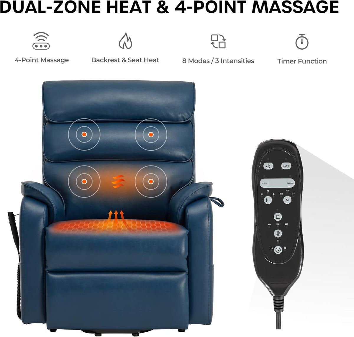 DYNOX Power Lift Recliner Chair for Elderly, Dual Motor Lay Flat Lift Chair with Heat & Massage, 350 LBS Capacity(9188,Faux Leather,Dark Blue)