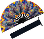 13" Large Rave Fan Bamboo, Folding Clack Hand Fans Foldable for Men Women, Boots on the Ground Poping Fan for EDM Festival Line Dance Decoration, (Peacock, Large 13")