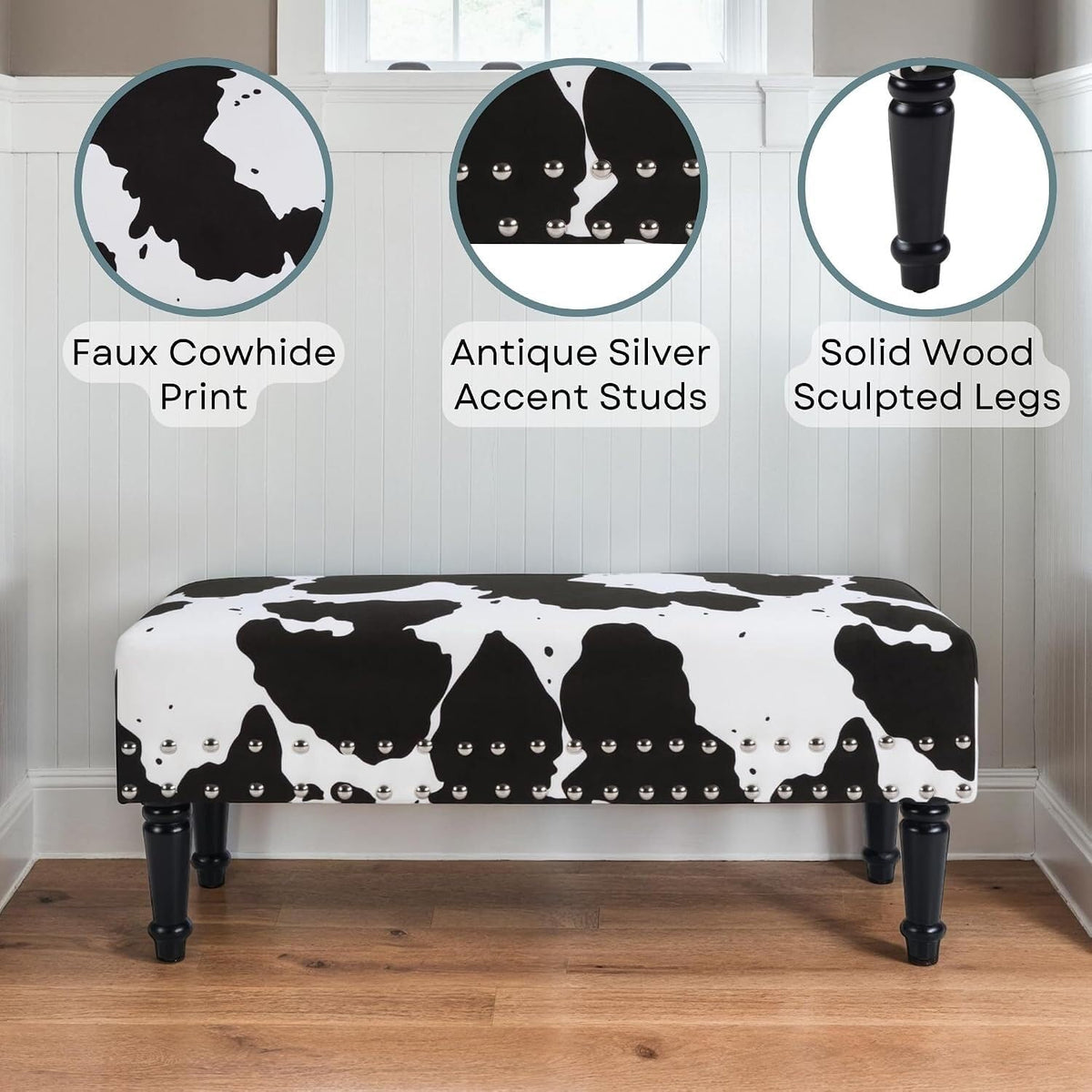 HomeStock Urban Upmarket Faux Cowhide Bench with Nailheads, Bold Statement Piece with Nailhead Trim, Additional Seating, 40" L x 17" W x 17" H in Plush Faux Velvet Fabric